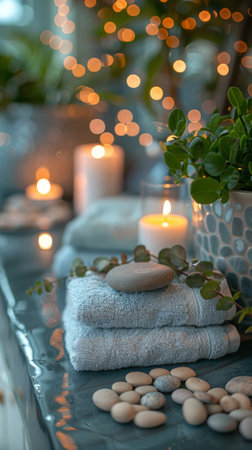 A pleasant white spa scene with stacked stones, a rolled towel and a burning candle on a marble table against a blurred background of a massage room. Space for text,の素材