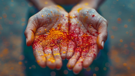 Happy Holi, Concept Indian color festival. close-up female hands with colored powder over darkの素材