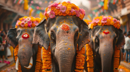 Happy Holi, Concept Indian color festival. Elephants decorated with flowers. Holi celebration in a lively cityの素材
