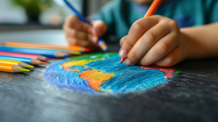 Earth from a Child's Perspective. A child's hand drawing a picture of Earth, with simple lines and bright colorsの素材