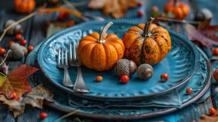 Thanksgiving and Harvest Festival. A rustic autumn table setting with pumpkins, acorns and leaves on a dark blue wooden background. A top view of vintage silverware cutlery on an old plate. Presented in a flat lay style for menu design or wallpaper. A high resolution photo. --ar 16:9 --style raw --stylize 700 Job ID: 04427839-9299-412f-bcce-255daaf236b9の素材