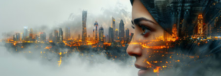 double exposure photography. arabic face in abaya shaped by buildings from Dubai, creative,の素材