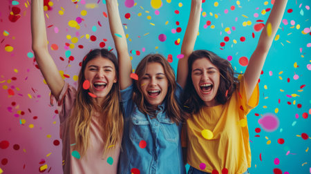 Friendship Day, a worldwide celebration of human connection. A scene of friends celebrating a personal victory, their shared joy and pride reinforcing the importance of their friendship.の素材