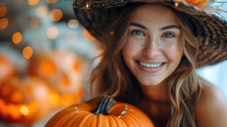 Halloween, the spookiest day of the year. Happy family decorated for Halloween! A young mother and her daughter celebrate the holidays in carnival costumes.の素材