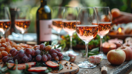 Autumn or fall season. Dinner party with pink wine and season food, outdoorの素材