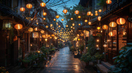 the warm glow of lanterns illuminating a village at night, the sound of traditional music echoing through the streets, and the aroma of freshly cooked food wafting from homesの素材