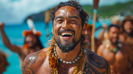International Day of the World's Indigenous Peoples. A powerful image of a Maori man performing the traditional haka, with his tribal tattoos displayed and the ocean in backgroundの素材