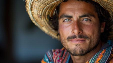 Hispanic Heritage Month. Spanish culture, Closeup portrait of handsome young man with sombrero on empty black background.の素材