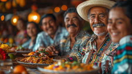 Hispanic Heritage Month. A warm and inviting scene of a Hispanic family gathered around a table for a traditional meal, their faces reflecting the joy of togetherness and shared heritage.の素材