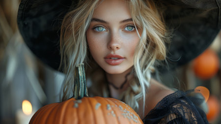 Halloween, the spookiest day of the year. A beautiful witch with blonde hair holding an orange pumpkin, dressed in black attire and wearing a large hatの素材