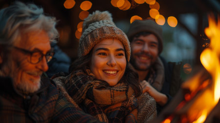 Halloween, the spookiest day of the year. A close-up shot of a family gathered around a fireplace, their faces lit by the firelight as they share Halloween stories and laughter.の素材