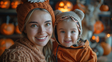 Halloween, the spookiest day of the year. Happy family decorated for Halloween! A young mother and her daughter celebrate the holidays in carnival costumes.の素材