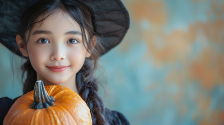 Halloween, the spookiest day of the year. Happy smiling asian girl in a witch costume holding a pumpkin over an isolated yellow background with copy space, in the style of Halloween concept.の素材