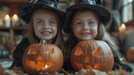 Halloween, spookiest day of year. Two cute little girls in black witch costumes and pumpkin hats laugh while carving pumpkins on Halloween night, with candles, decorations, and a kitchen background.の素材