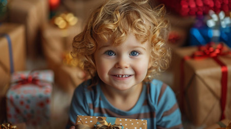 Happy birthday. The Unforgettable Moments. A child's face filled with amazement as they open their presents, their expression conveying pure joy and excitement.の素材