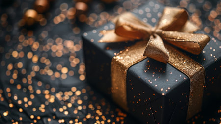 Happy birthday. Black gift box with golden ribbon on black background, top view. Flat lay composition. Birthday or Christmas present concept. Black gift boxes with gold ribbons on dark background.の素材