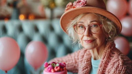 Happy birthday. Elderly woman wearing a party hat and holding a birthday cake and pink balloons against a pastel colored background, in the style of a commercial photoの素材