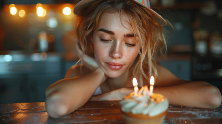 Happy birthday. sad woman wearing party hat sitting at kitchen table with her head in one hand looking down at a cupcake that only has one lit candle in itの素材