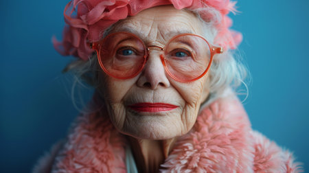 Happy birthday. glamor crazy funny grandmother in stylish clothes celebrating her anniversary alone. close up portrait. isolated blue background.の素材