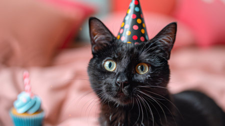 Happy birthday. photo of black cat in birthday hat, cupcake on pink backgroundの素材