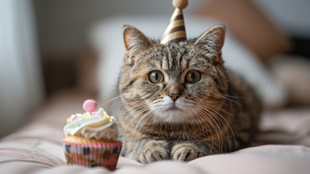 Happy birthday. photograph of Scottish Fold cat wearing birthday hat, cupcake on pink backgroundの素材