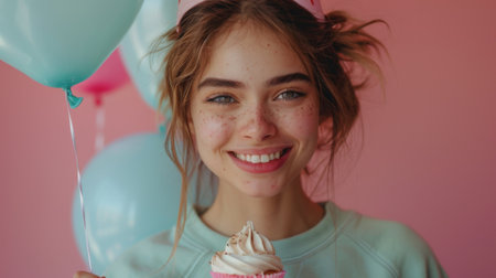 Happy birthday. Portrait of a smiling young woman in a birthday cap holding a balloon and cupcake on a pink background, wearing a green sweatshirt, in the style of minimalismの素材