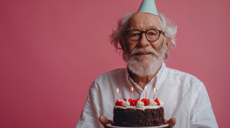 Happy birthday. Portrait of happy senior man in white shirt and birthday hat holding small chocolate cake with burning candle, isolated on pink background with copy space for textの素材