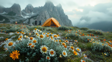 focus on flowers, tourist tent in mountains valley. soft backlight, light fog. concept of travel and adventureの素材