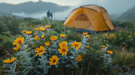 focus on flowers, tourist tent in mountains valley. soft backlight, light fog. concept of travel and adventure.の素材