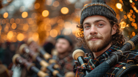 Scottish Hogmanay Festival. Pipers and Drummers: Talented pipers and drummers fill the streets with the stirring sounds of traditional Scottish music, adding to festive energy and cultural authenticity.の素材
