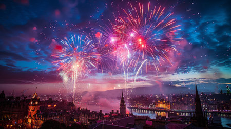 Scottish Hogmanay Festival. The night sky is illuminated by a dazzling display of fireworks, painting the cityscape with vibrant colors and creating a sense of awe and wonder.の素材