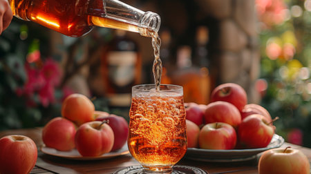 Cider. Close up of man pouring apple cider in a glass on a table with a plate full of apples and brandy in a niche in a garden, with a focus stacking technique, in a minimalistic styleの素材