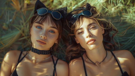 quadrobics. Two pretty women wearing black tank tops and cat masks, laying in the grass with their armsの素材