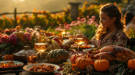 Thanksgiving and Harvest Festival. table for atumn feast, with pumpkins and gourds as decorative accents. The scene includes wine glasses filled with white wine, plates of grilled meat and breadの素材