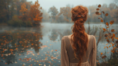 Autumn or fall season. A girl in an elegant dress stands by the lake, her hair flowing and leaves gently falling around her as she gazes out at nature's beauty.の素材