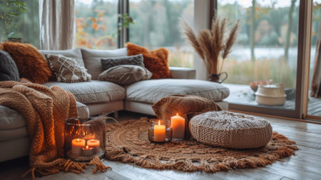 Autumn or fall season. Cozy Ambiance of Autumn Interiors. warmly lit living room adorned with autumnal decor cozy throws, flickering candles, rustic accents reading sense of comfort and invitation.の素材
