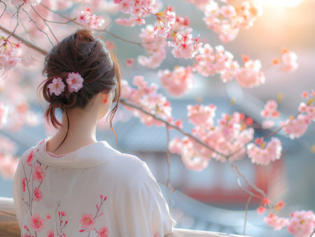 Asian beautiful Woman in white kimono under the Sakura Tree, back view. Atmosphere Cherry blossom tree. Background Bridge.の素材