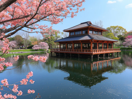 Cherry blossom tree in full bloom. Background Japanese garden.の素材