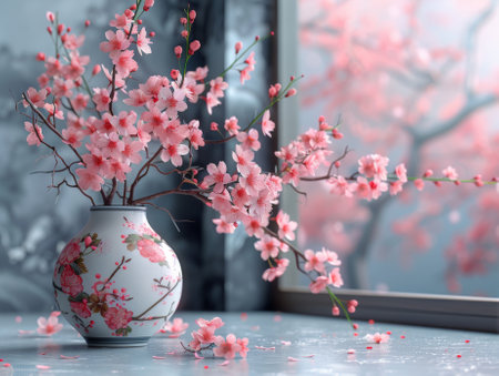Cherry blossom branch in a vase. Background Japanese-style interior. Realistic photo.の素材