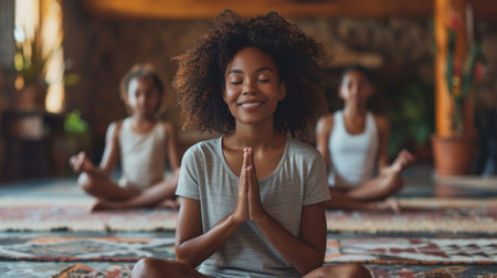 family using a guided meditation app to promote relaxation and stress reduction in their daily lives. mental health and wellness conceptの素材