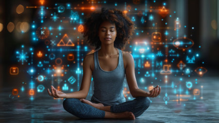 person surrounded by various fitness, meditation, and mindfulness app icons, symbolizing the growing popularity of these tools for personal well-being. mental health and wellness concept by mobile appの素材