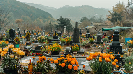 Visits to Ancestral Graves: Families pay their respects to their ancestors by visiting their graves, tidying them up, and offering prayers, strengthening their connection to their heritage.の素材