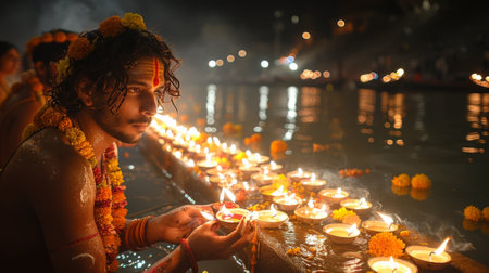 Ganges Aarti Festival. Diya Offering: Devotees offer diyas, often adorned with flowers and incense, to the Ganges River, symbolizing their gratitude, devotion, and the release of their wishes and prayers into the sacred waters. -の素材