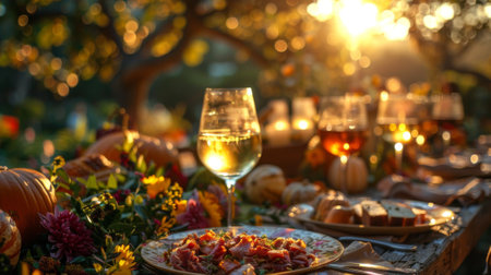 Thanksgiving and Harvest Festival. table for atumn feast, with pumpkins and gourds as decorative accents. The scene includes wine glasses filled with white wine, plates of grilled meat and breadの素材