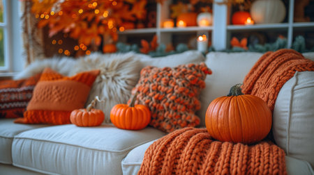 Thanksgiving and Harvest Festival. cozy living room adorned with autumnal decorations, such as pumpkins, gourds, and fall foliage, creating a warm and inviting atmosphere for Thanksgiving celebrationsの素材