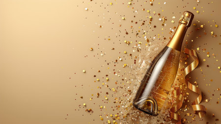 Happy birthday. Photo of a champagne bottle with gold confetti and ribbons on a beige background, representing celebration for party. Web banner showing space at the top,の素材