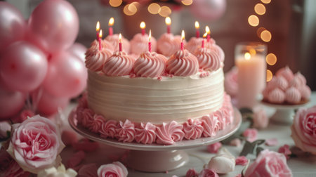 Happy birthday. The background of the birthday cake is decorated with pink balloons and candles, creating an atmosphere for celebration. The soft pastel colors add to its eleganceの素材