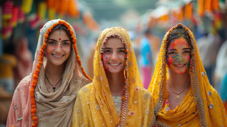 Traditional Indian costumes on beautiful woman. Holi celebration in a lively city. Happy Holi, Concept Indian color festival.の素材