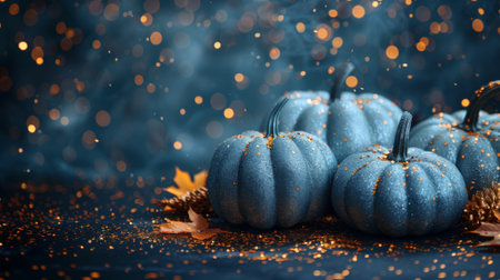 Thanksgiving and Harvest Festival. A group of silver metallic pumpkins on a black background with gold confetti in a flat lay. A web banner with copy space on the right.の素材