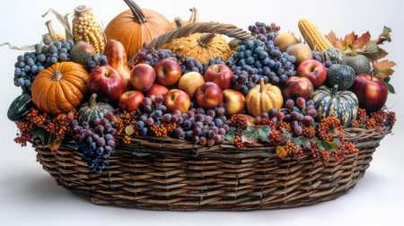 Thanksgiving and Harvest Festival. rustic basket overflowing with bountiful harvest of autumnal fruits and vegetables, including pumpkins, gourds, apples, pears, and corn husksの素材